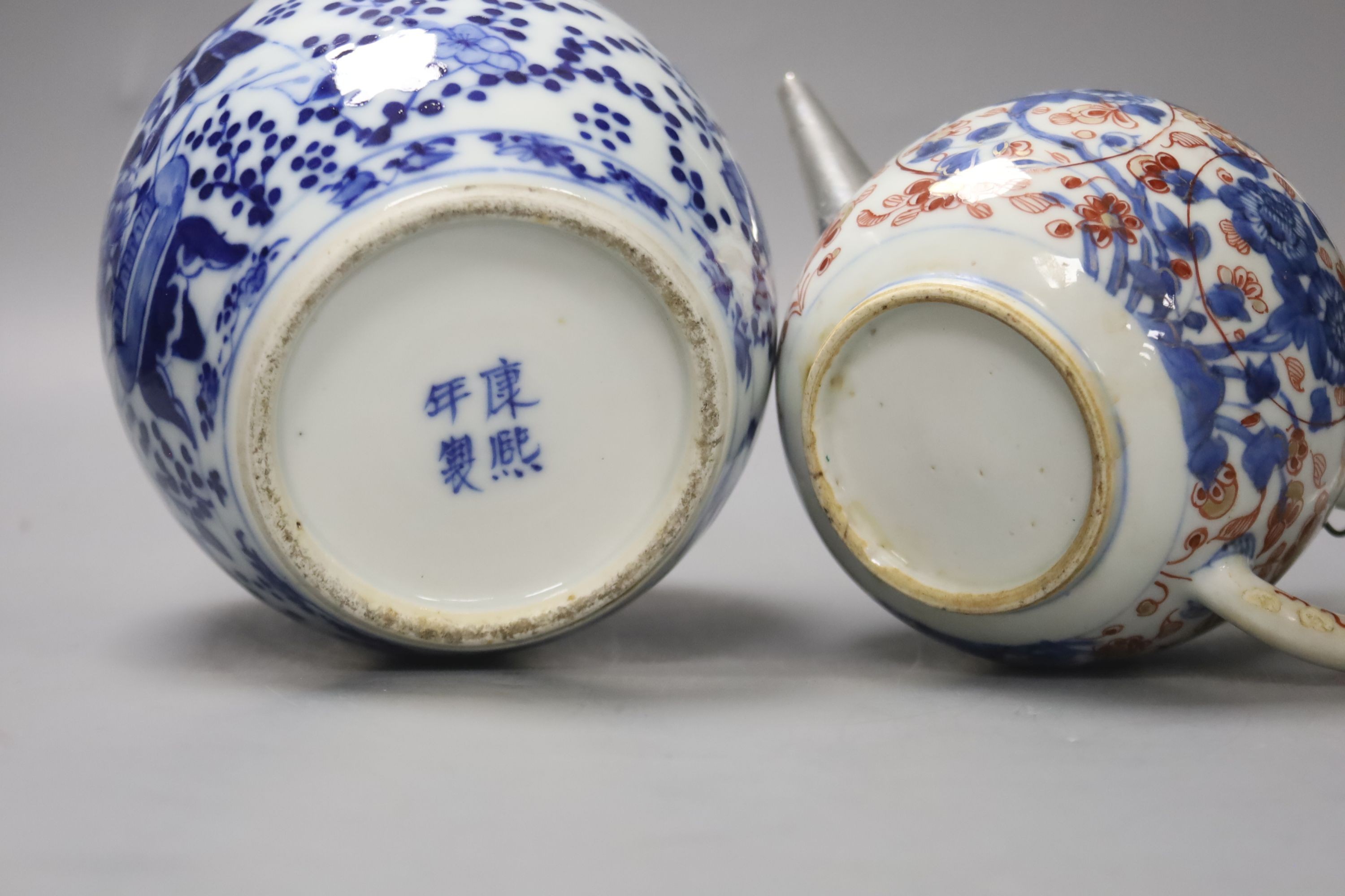 A Chinese Imari porcelain teapot with white metal cover, H 12cm, together with a 19th century Chinese blue and white jar, Kangxi marks to the underside, an eastern metal bowl and plate